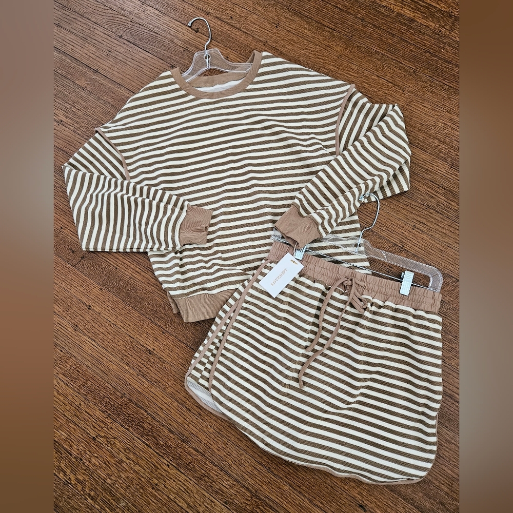 Lovesoft Brown Striped Textured 2pc Mini Skort Set Sz Med